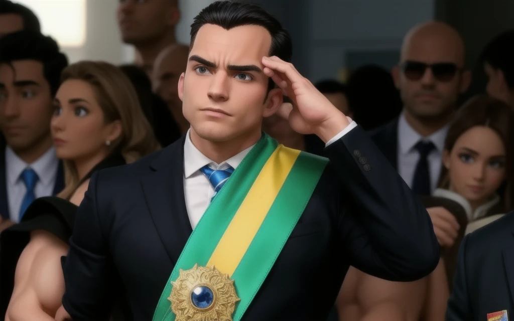 muscular man, black hair, bald in a suit with belt, doing pose
sense.