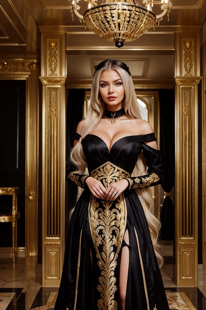 Sveta Bilyalova (ornamental blonde hair), wearing long dress (((dress with black and gold tones))), (((posing for a photo in a mansion))), hands on her waist, (Photography), (human hand), (insanely perfect eye), (insanely detailed face)