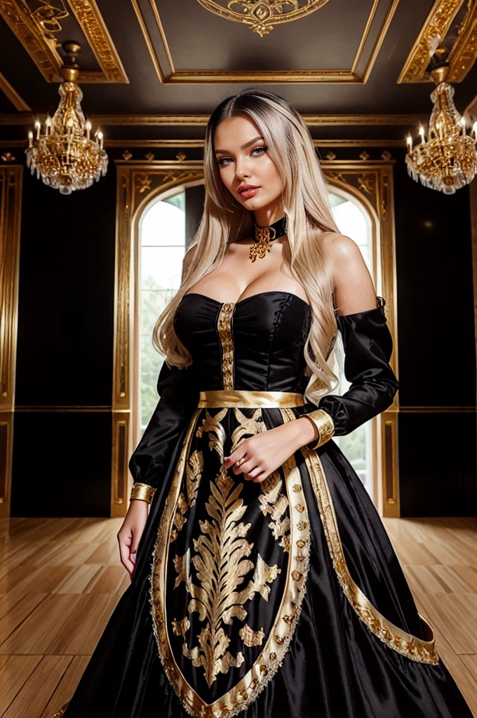 Sveta Bilyalova (ornamental blonde hair), wearing long dress (((dress with black and gold tones))), (((posing for a photo in a mansion))), hands on her waist, (Photography), (human hand), (insanely perfect eye), (insanely detailed face)