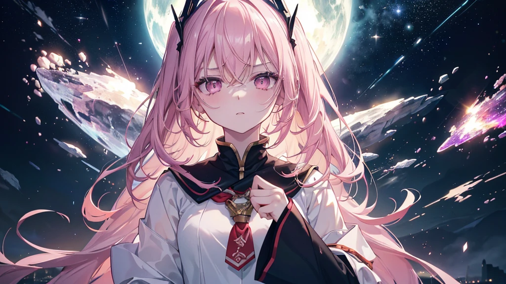 ((Glare,anger,Get Ready)), (((Highest quality、masterpiece、Ultra-fine、Ultra-fine、Exquisite、16K、Full HD,high school girl,))) 、Dark Eyes、Long eyelashes、White skin、(Pale pink lips、Pale pink cheeks、thin and long)、 ((cute)) ((One person)) 、((Glare)) 、Wide Shot、Space galaxy background、(A magnificent composition、epic proportion)、Dynamic lighting、、