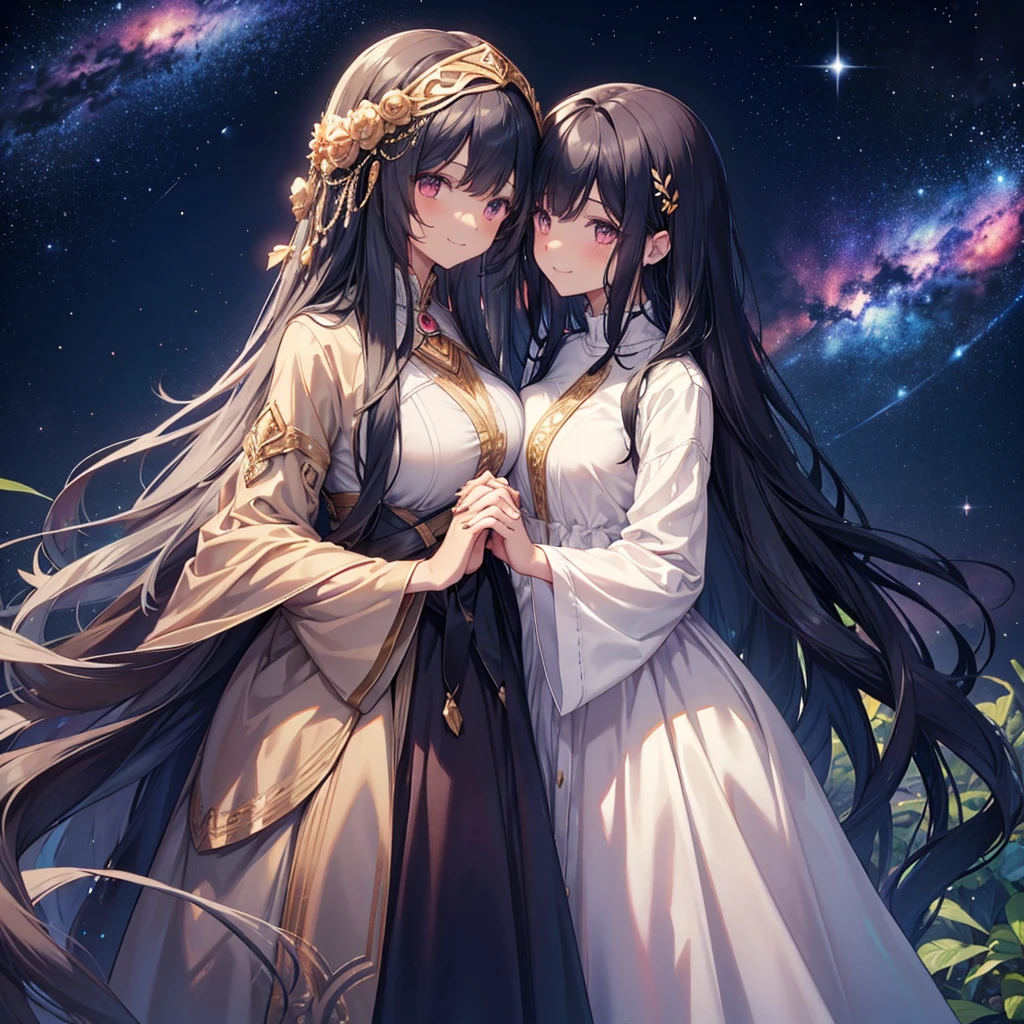Woman with very long wavy black hair tan skin, good size breast,  wearing a beautiful dark galaxy and plant dress holding hands closely with a dark boy with cute features and fluffy hair. They smile up at eachother evilly and the man is a lot taller then her.