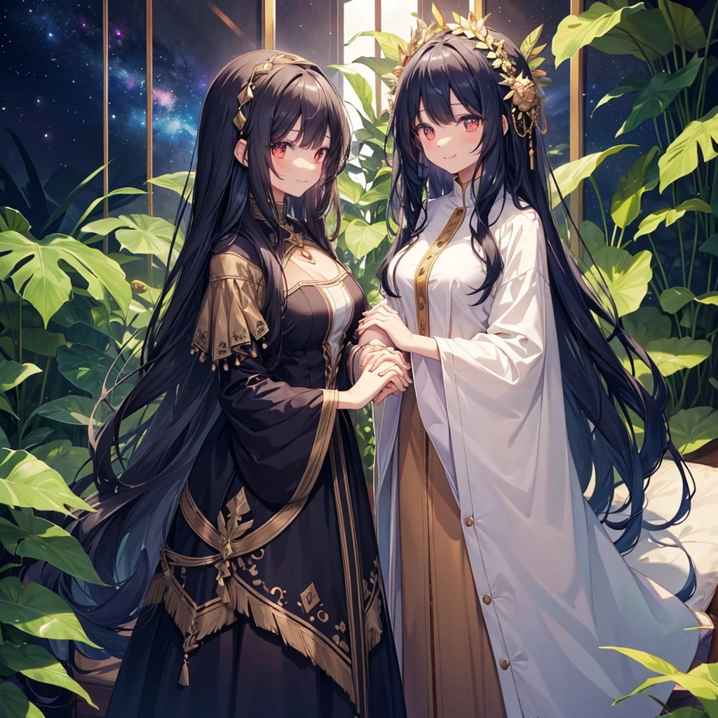 Woman with very long wavy black hair tan skin, good size breast,  wearing a beautiful dark galaxy and plant dress holding hands closely with a dark boy with cute features and fluffy hair. They smile up at eachother evilly and the man is a lot taller then her.