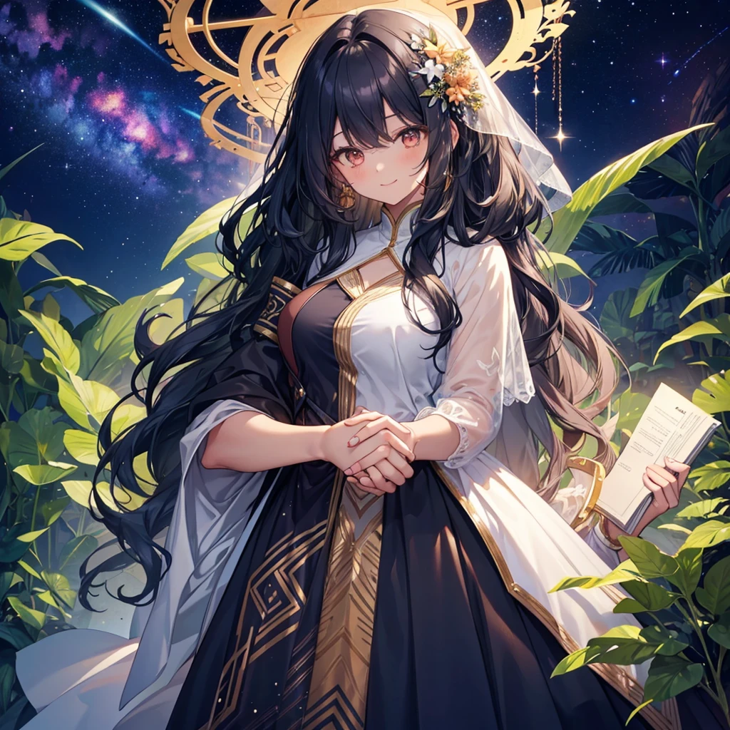 Woman with very long wavy black hair tan skin, good size breast, wearing a beautiful dark galaxy and plant dress holding hands closely with a dark boy with cute features and fluffy hair. They smile up at eachother evilly and the man is a lot taller then her.