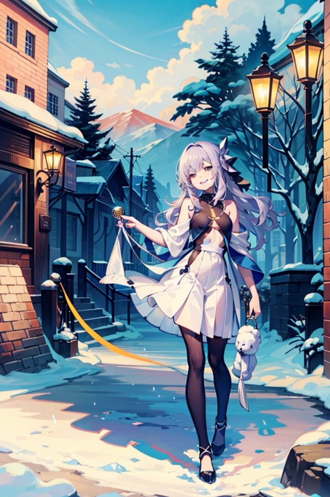 (masterpiece, highest quality, highest quality, official art, beautiful and aesthetic:1.2), (1 girl:1.3), wavy long hair, light purple hair, very detailed, portrait, looking at the viewer, alone, (whole body:0.6), detailed background, close, shining eyes, (cold arctic winter theme:1.1), fortune teller, Charlatan, grin and laugh, Mysterious, ((Are standing)), colorful shoulderless loose gypsy fortune teller clothes,      holy grail,  ((whole body)),pleated skirt dresses,