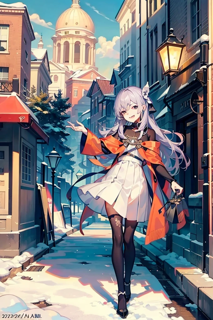 (masterpiece, highest quality, highest quality, official art, beautiful and aesthetic:1.2), (1 girl:1.3), wavy long hair, light purple hair, very detailed, portrait, looking at the viewer, alone, (whole body:0.6), detailed background, close, shining eyes, (cold arctic winter theme:1.1), fortune teller, Charlatan, grin and laugh, Mysterious, ((Are standing)), colorful shoulderless loose gypsy fortune teller clothes,      holy grail,  ((whole body)),pleated skirt dresses,