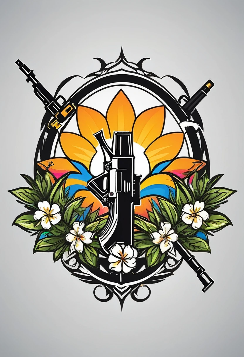 Create a high-quality logo for a clothing brand. The design of the logo should include an AK-47 assault rifle that is shooting a flower or a stream of water. The style of the logo should be modern and appealing, suitable for a fashion brand. The image must be sharp and detailed, with vibrant colors that catch the eye. Ensure that the AK-47 is well-defined and that the element being shot (flowers )is clearly visible and artistic. The logo should convey a blend of strength and peace, symbolizing the transformation of something violent into something beautiful and peaceful.

---

This prompt should provide a clear and detailed image of the logo you want to create.