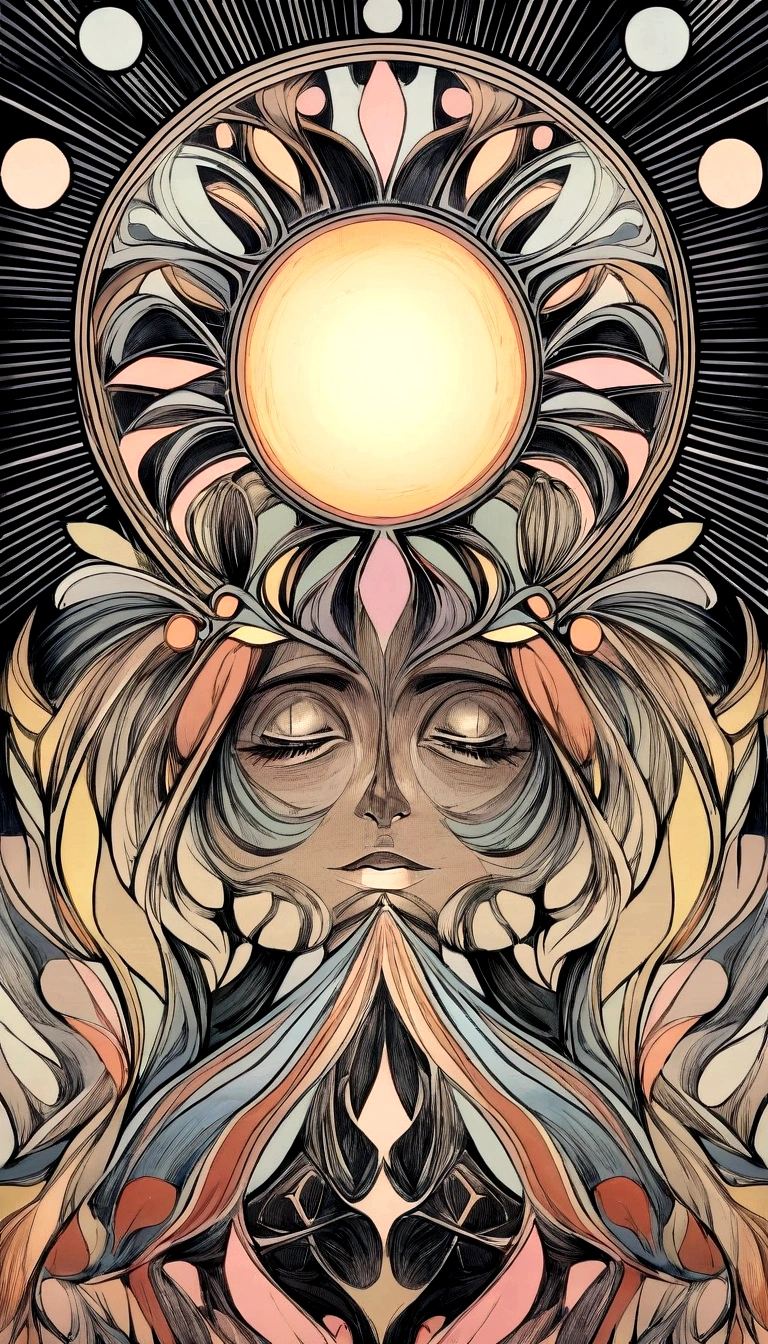 Aged Black Background: The image background must be black, with an aged effect that suggests wear and vintage texture.
Sun not Center: Place a sun in the center of the image. The sun must have an artistic style, with a mystical touch.
Eyes Closed Like Stardrops: Around the sun, draw closed eyes that look like little stardrops scattered randomly. These eyes should have a subtle and ethereal style.
Clouds Around the Sun: Include clouds around the sun, with a hippie style, using vibrant colors and fluid shapes that resemble psychedelic drawings.
General Style: The image should have a look that combines elements of hippie art with a mystical, vintage aesthetic.