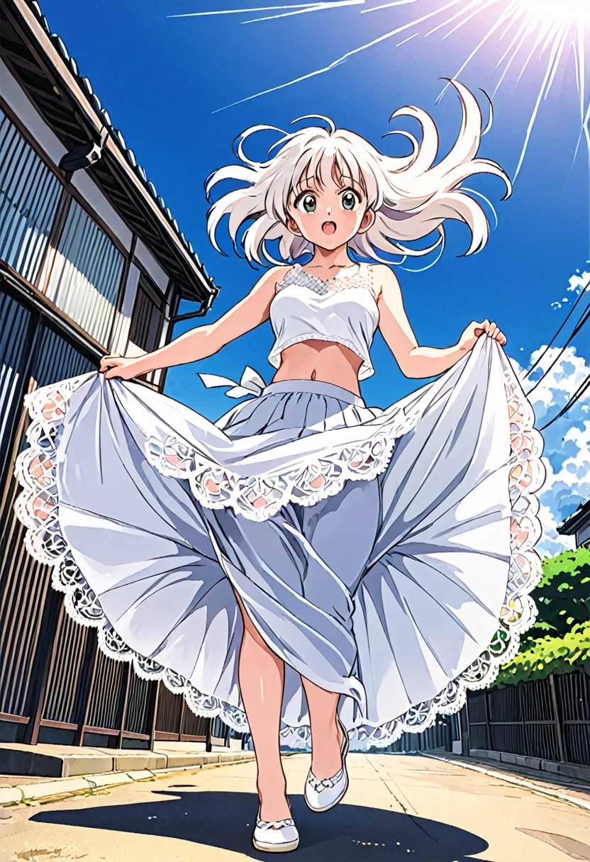 音無響子
Low - Angle、
Low - Angle、Long skirt、Hold down your skirt that is being blown up by the strong wind、Anime white panties in a strong wind、Crotch is visible
ローレグのパンツ、Color: White、
Crotch is visible、
、Lined、White lace lining、
