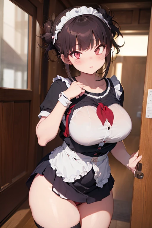 (girl1),(pretty),(Staring and with the body to the fourth wall :1.5), (Slender slim body hot), (with physical attributes like big boobs and ass:1.5),(Long red hair that goes up to the waist and red eyes),(height 1.72 ),(Super mega beautiful and sensual),(wearing) , +,(\dressed as a maid, and maid's outfit and super revealing on the back, I lowered the short skirt a lot, showing her legs, and a little of her panties, and the part of the apron at the back of the skirt is very low, showing her delicious buttocks, and over the maid uniform it looks like a very short and sexual bra, and she has an ass big and super big breasts, she is super busty and has very big buttocks)/