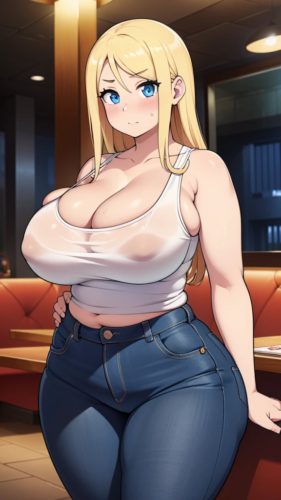 ((Masterpiece)), perfect anatomy, perfect shading, field of depth, (best quality), extremely delicate and beautiful, perfect lighting, detailed face, ultra cute face, cute, (1girl), (solo),

long fluffy blonde hair, blue eyes, ((blush)), nervous, looking at viewer, tank top, jeans, cleavage, large breasts, ((thick thighs)), (wide hips), fat ass, chubby, 

intricate background, detailed background, fast food restaurant, standing, 
