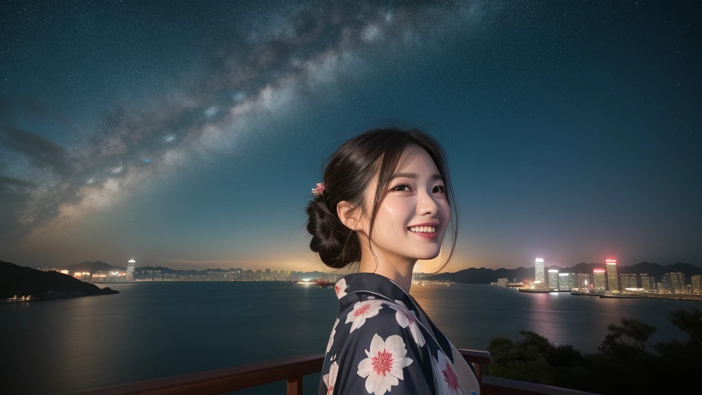 (1women), Updo hairstyle, (round eyes:1.2), (highly detailed face), (extremely detailed beautiful face), (smile happily), (floral pattern yukata), (Best Quality:1.4), (Ultra-detailed), extremely detailed CG unified 8k wallpaper, Realistic portrait, Beautiful detailed, High-definition raw color photos, professional photography, night sky, beautiful milky way, (fine face:1.2), focus on women, tanabata, (A million dollar night view like Hong Kong, The night view of the city is so beautiful, She is impressed by the beauty of the night view), From the side