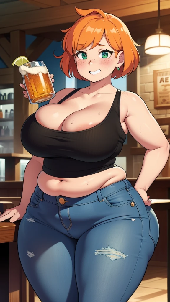 ((Masterpiece)), perfect anatomy, perfect shading, field of depth, (best quality), extremely delicate and beautiful, perfect lighting, detailed face, ultra cute face, cute, (1girl), (solo),
short fluffy orange hair, green eyes, freckles, ((blush)), drunk smile, sweat, looking at viewer, tank top, jeans, cleavage, medium breasts, ((thick thighs)), (wide hips), fat ass, plump,
intricate background, detailed background, pub, standing, beer mug