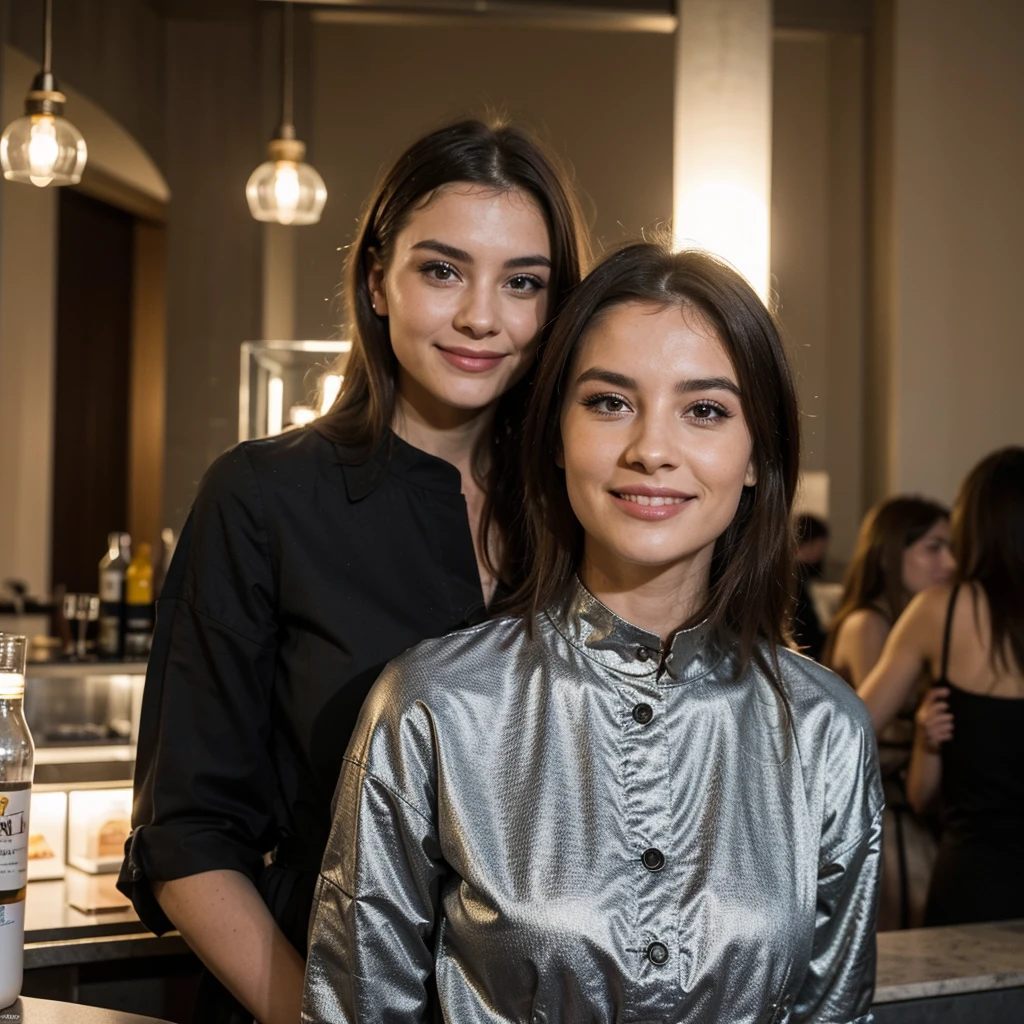 Jeune femme de 25 ans extrêmement réaliste, brune, avec un léger sourire timide, une robe de soirée, une robe de soirée en soie, une robe de soirée couleur crème, photo 4k réaliste, véritable femme, dans un restaurant avec vue sur le colisée de Rome, photo prise trois quart face, photo de nuit 4k, éclairage professionnel, éclairage flash