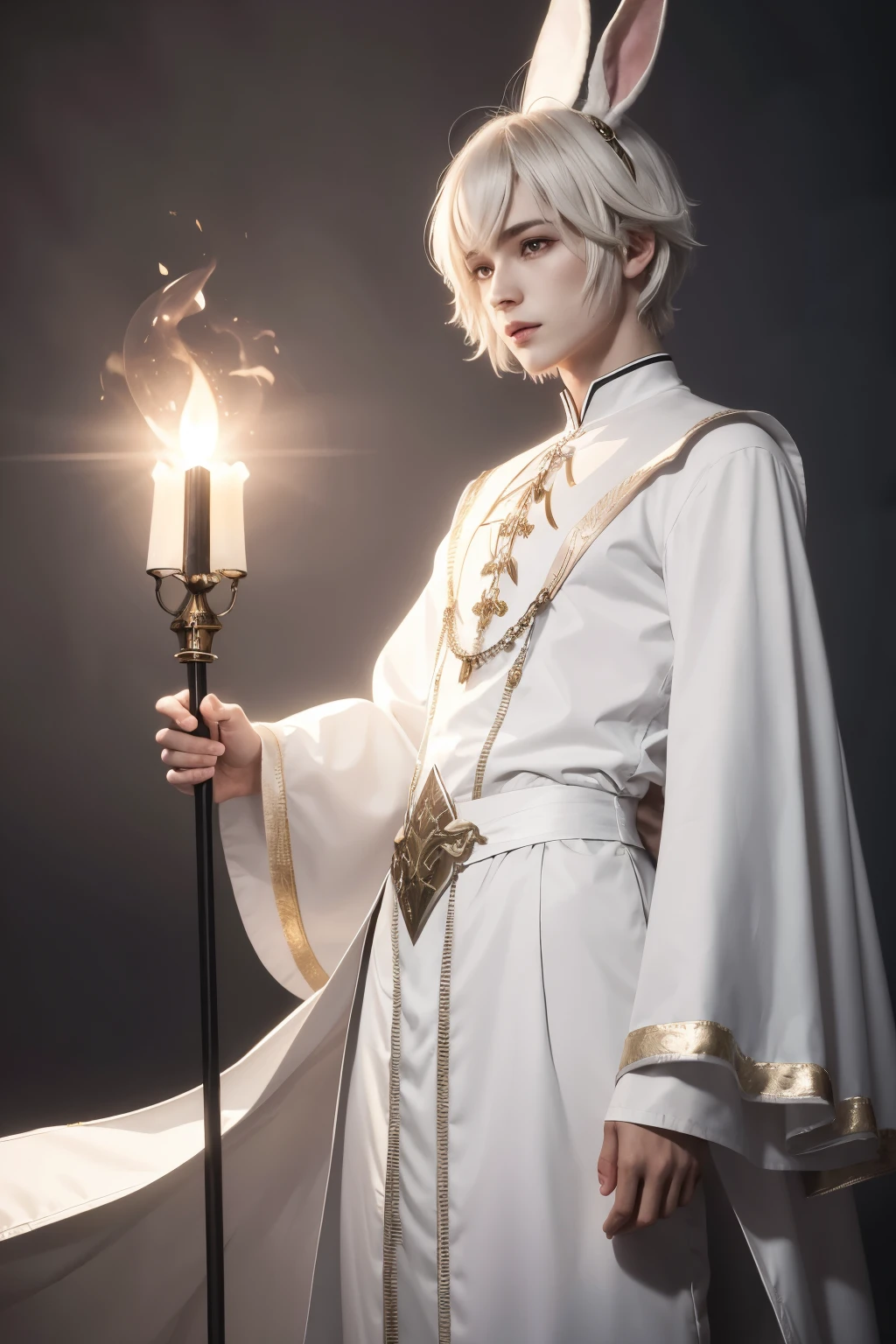 A human male character with half-human and half-rabbit witch features on a staff with beautiful white clothes and a little dangerous appearance and short white hair and light-colored witch clothes