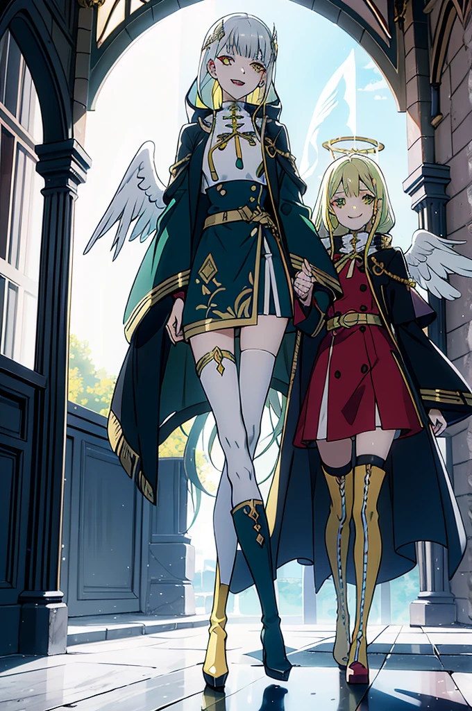 cathedral background,full body,whole body,slender,thin legs,Greenish-yellow hair，Yellow-green pupils，White clothes with green and yellow are embellished with gold and silver ornaments，She is a natural cute girl,((evil smile)),white thighhigh boots,full body,long hair,white angel wings,whole body,