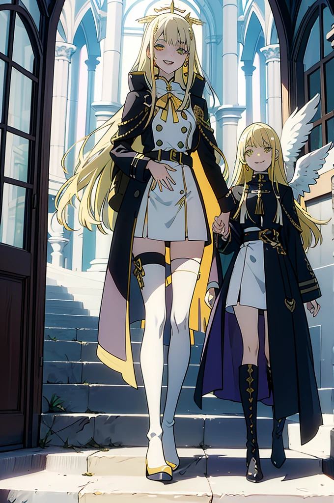 cathedral background,full body,whole body,slender,thin legs,Greenish-yellow hair,Yellow-green pupils,White clothes with green and yellow are embellished with gold and silver ornaments,She is a natural cute girl,((evil smile)),white thighhigh boots,full body,long hair,white angel wings,whole body,