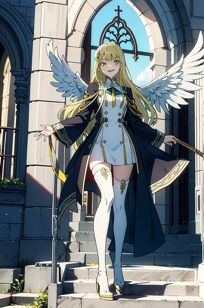 cathedral background,full body,whole body,slender,thin legs,Greenish-yellow hair，Yellow-green pupils，White clothes with green and yellow are embellished with gold and silver ornaments，She is a natural cute girl,((evil smile)),white thighhigh boots,full body,long hair,white angel wings,whole body,