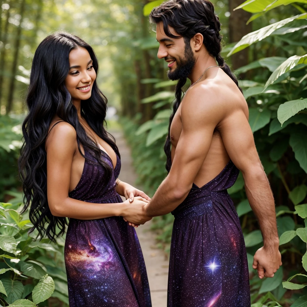 Woman with very long wavy black hair tan skin, good size breast, wearing a beautiful dark galaxy and plant dress holding hands closely with a dark boy with cute features and fluffy hair. They smile up at eachother evilly and the man is a lot taller then her.