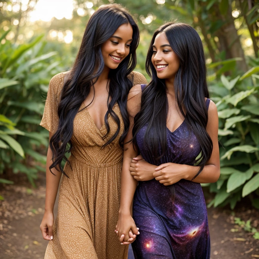Woman with very long wavy black hair tan skin, good size breast, wearing a beautiful dark galaxy and plant dress holding hands closely with a dark boy with cute features and fluffy hair. They smile up at eachother evilly and the man is a lot taller then her.