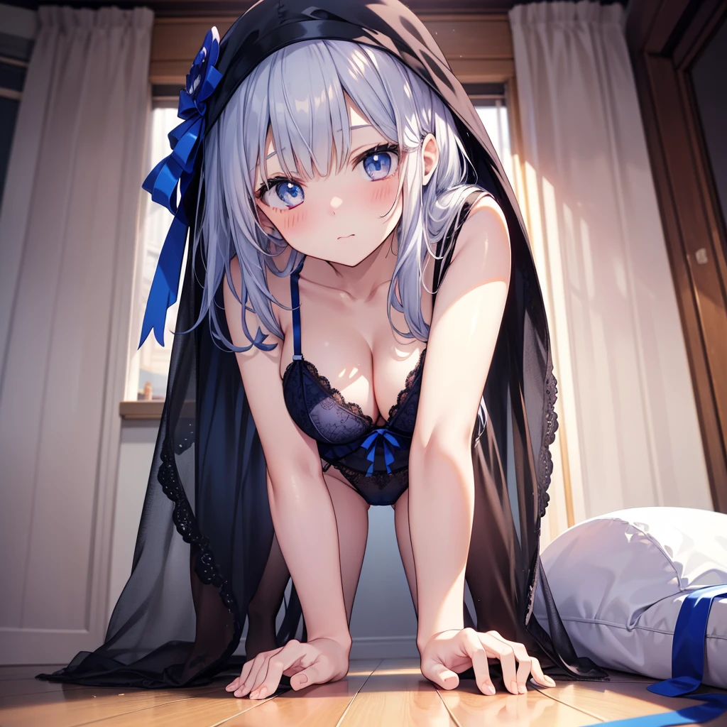 Highest quality、Tabletop、One Girl、Adult women、Underwear only、Dark blue ribbon lingerie、Slit at crotch,Big ample breasts、Dirty body、On all fours、In close range、blush、Kamimei、Cute anime illustrations、Angle from below behind