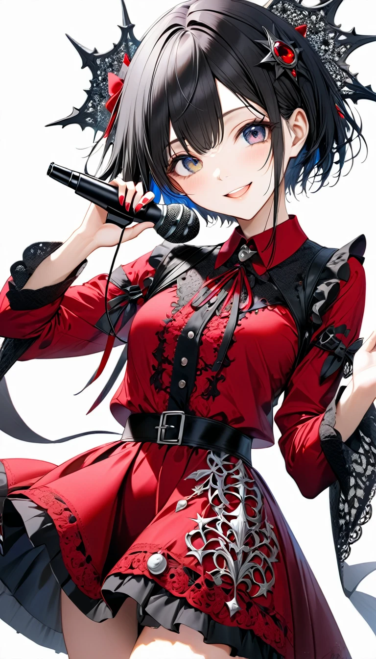 (((White background:1.2)))、(masterpiece、Ultra HD、Masterpiece、4K)、Perfect Style、Scandinavian Gothic Metal Girl, Intricate details, Highly detailed eyes, Black shorthair、Red Gothic Dress, Flash photography, Intricate details、smile、Wear long black bootini skirt、Uplifting、masterpiece,high quality,One person girl,Woman in her 30s、Hold the microphone with both hands and sing,