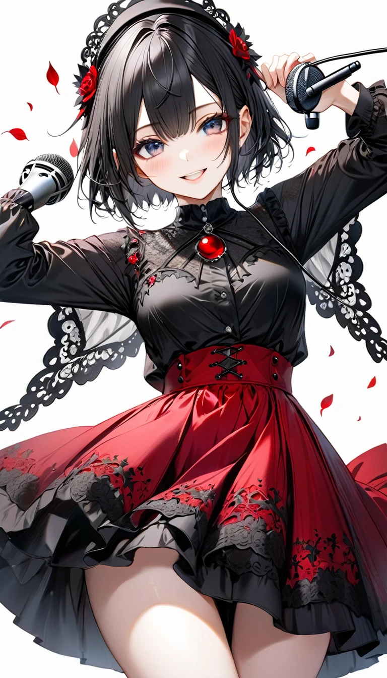 (((White background:1.2)))、(masterpiece、Ultra HD、Masterpiece、４K)、Perfect Style、Scandinavian Gothic Metal Girl, Intricate details, Highly detailed eyes, Black shorthair、Red Gothic Dress, Flash photography, Intricate details、smile、Wear long black bootini skirt、Uplifting、masterpiece,high quality,One person girl,Woman in her 30s、Hold the microphone with both hands and sing,