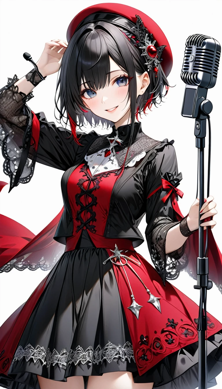 (((White background:1.2)))、(masterpiece、Ultra HD、Masterpiece、４K)、Perfect Style、Scandinavian Gothic Metal Girl, Intricate details, Highly detailed eyes, Black shorthair、Red Gothic Dress, Flash photography, Intricate details、smile、Wear long black bootini skirt、Uplifting、masterpiece,high quality,One person girl,Woman in her 30s、Hold the microphone with both hands and sing,