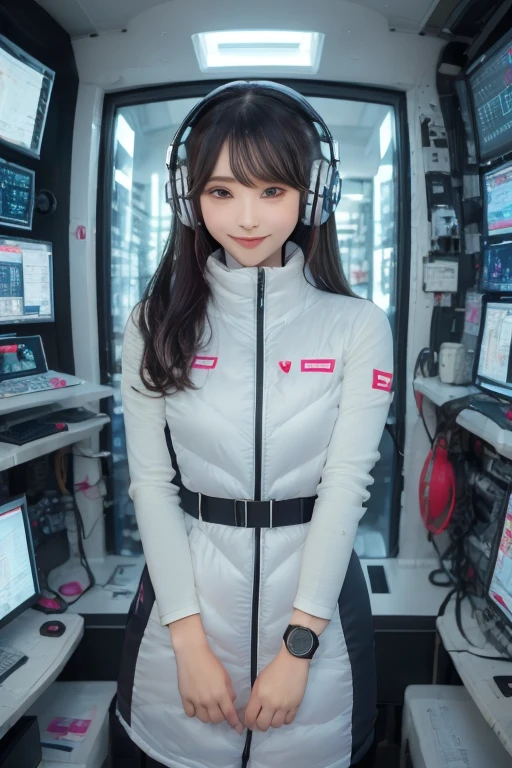 masterpiece, Highest quality, Very detailed, 8K Portrait,Japanese Android Girl,plump , Control panel,Robotic arms and legs, Blunt bangs,,break (Metallic Gray, Metallic luster, Mirror finish, Astro Best):5,headphone:5,break (Black sleeves):100,Smart Watches,Futuristic space station,Control Room,break headphone,blue eyes,(Black Hair):2,(Long Hair):1.3,Displaying the viewer,(respirator),break blush:3,Hidden Hand,smile