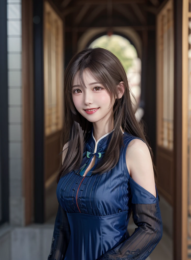 high quality picture, masutepiece, detailed hair texture, Detailed skin texture, Detailed Cloth Texture, 8K, Add fabric details, ultra detailed skin texture, ultra detailed photographic, Skin pores,,full body,light smile, full body, China dress,
