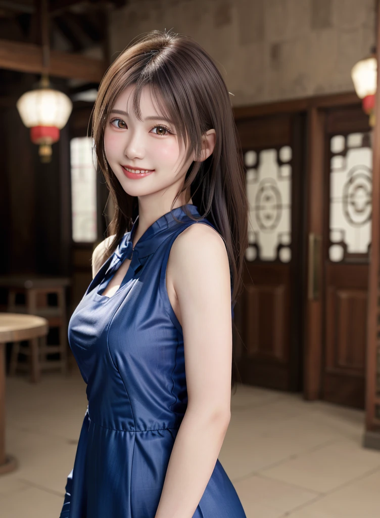 high quality picture, masutepiece, detailed hair texture, Detailed skin texture, Detailed Cloth Texture, 8K, Add fabric details, ultra detailed skin texture, ultra detailed photographic, Skin pores,,full body,light smile, full body, China dress,