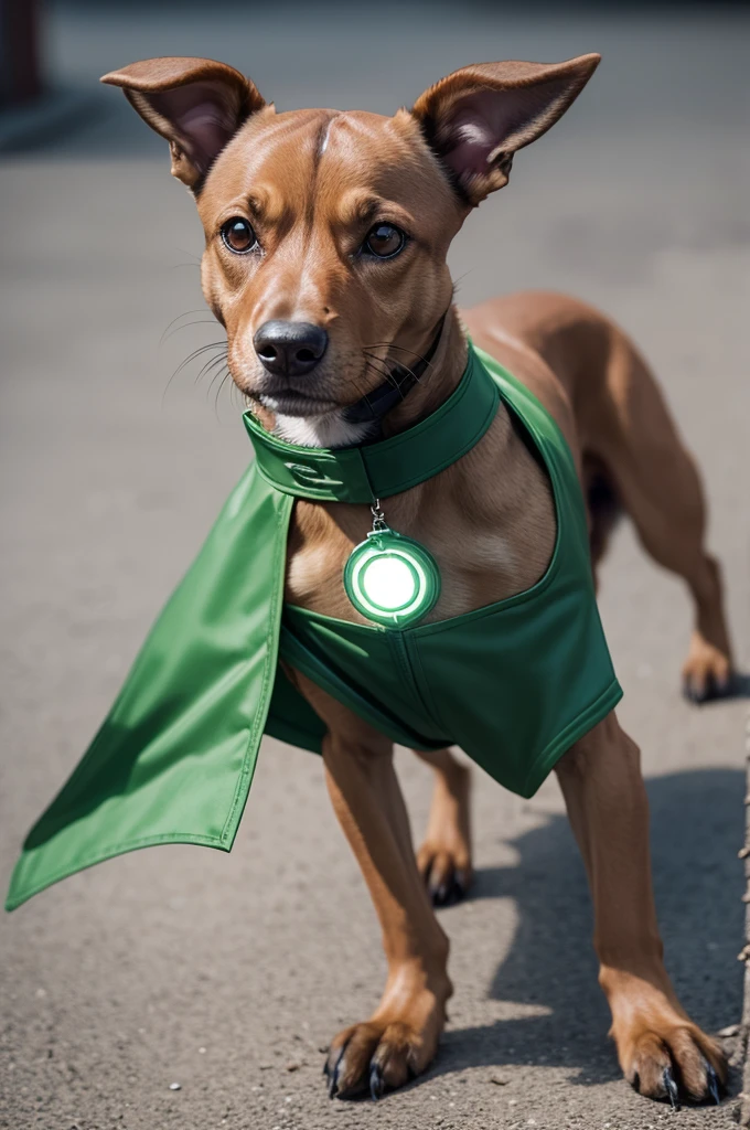 A small brown dog, similar to a Greyhound, wearing a green lantern costume based on the Ryan Reynolds character