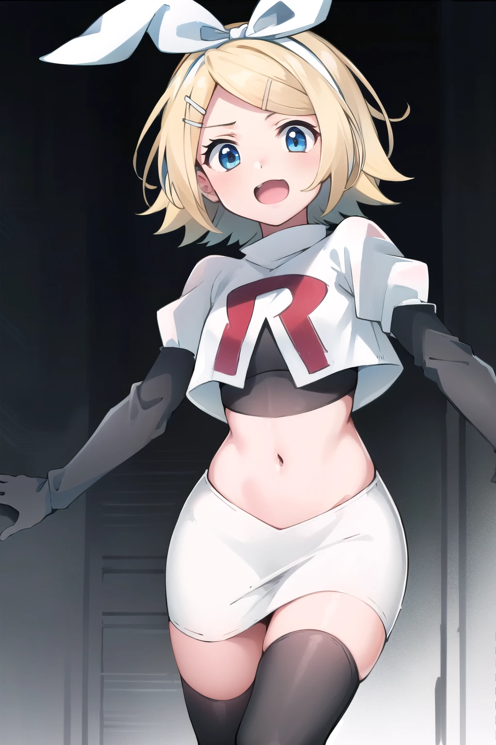 masterpiece, best quality, absurdres, perfect anatomy, 1girl, solo, Kagamine Rin, short hair, bow, team rocket,team rocket uniform,white skirt,red letter R,crop top,black thigh-highs,black elbow gloves