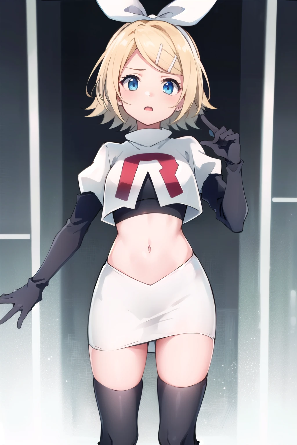 masterpiece, best quality, absurdres, perfect ???????, 1girl, solo, Kagamine Rin, short hair, bow, team rocket,team rocket uniform,white skirt,red letter R,crop top,black thigh-highs,black elbow gloves
