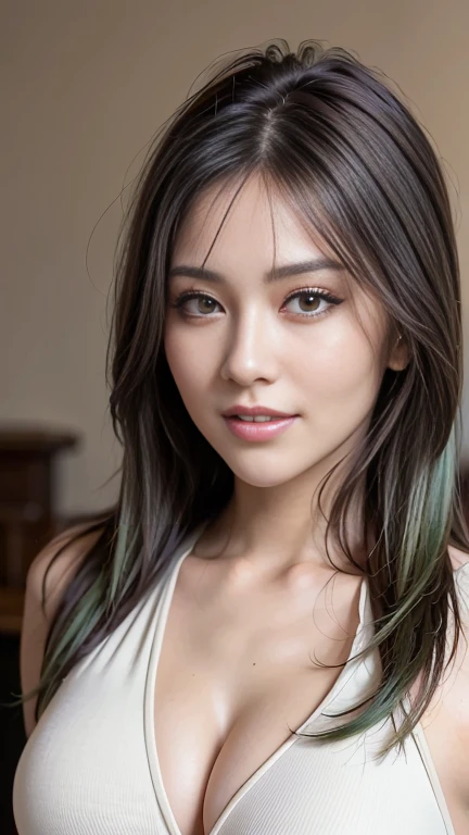 Highest quality, Realistic, Very detailed, finely, High resolution, 8k wallpaper, 1. Beautiful woman, One Girl, Perfect lighting, Green Hair, Inner Color,Side lighting, Detailed face, bangs, White skin, Background from the office,Tight Suit