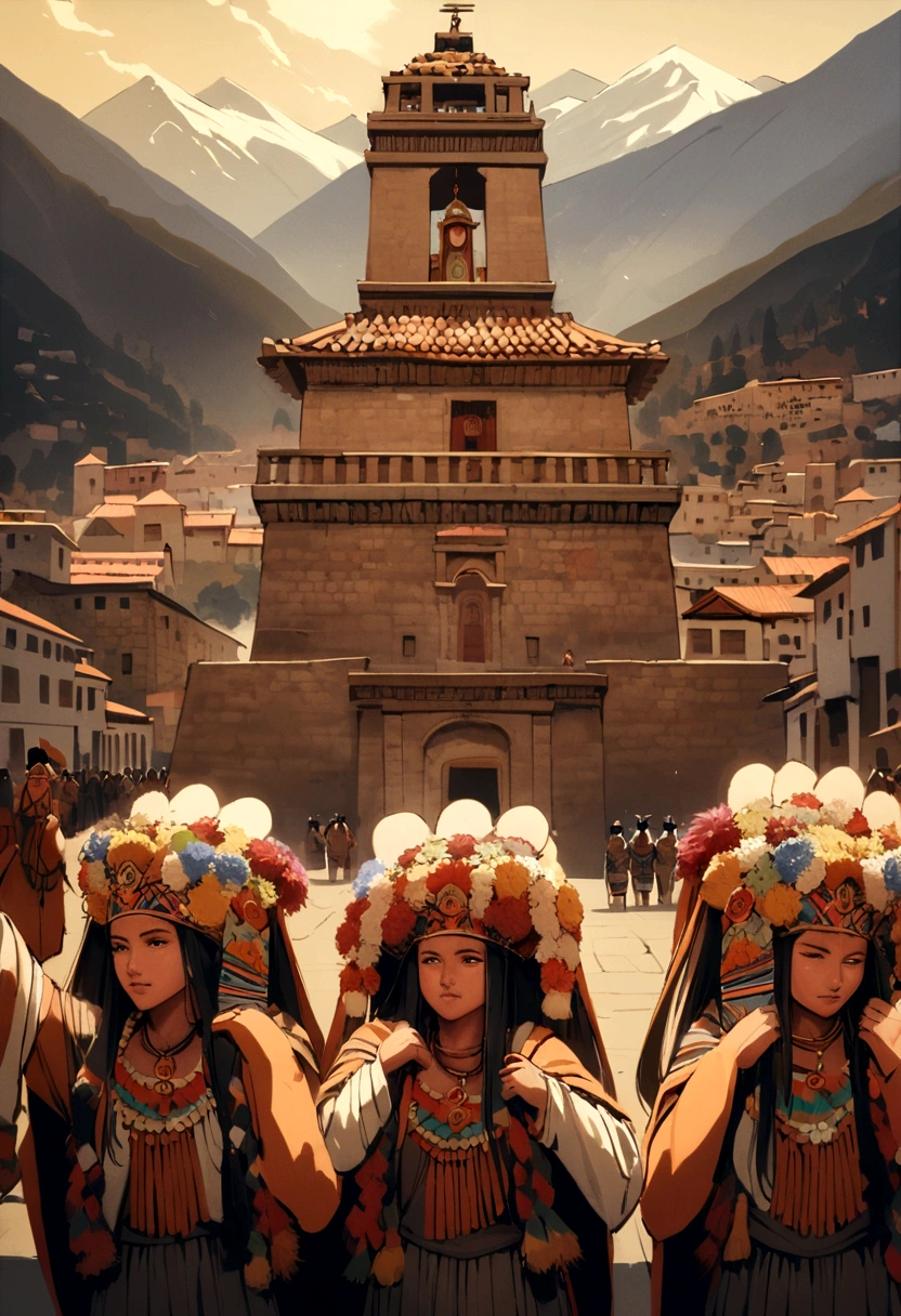 group of Inca soldiers carrying tributes to the Inca in Cuzco