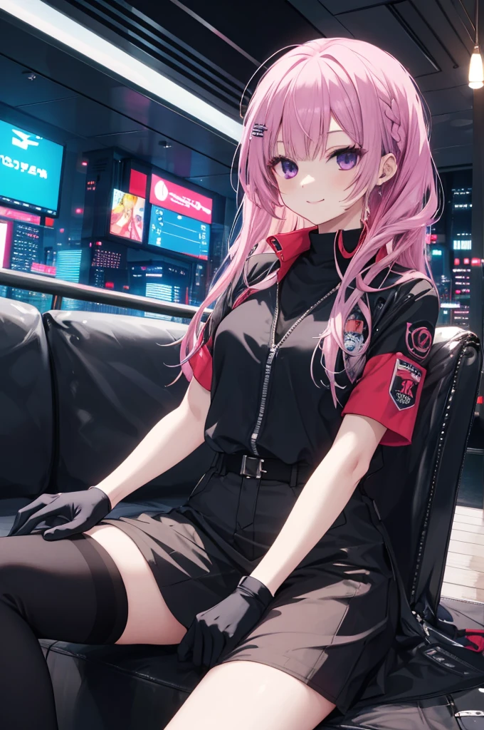 A girl，Solitary，Pink long hair，Moderate，Smile，Medium-length hair，Messy hair，Short sleeve，Short sleeve game clothes，Black skirt，Black gloves，cyberpunk Characters,night, night city background，cyberpunk, Anime style 4k, Sitting on the sofa，indoors，In the restaurant，Black Ayase Ayase、character-centered,full_shot,full_shot,