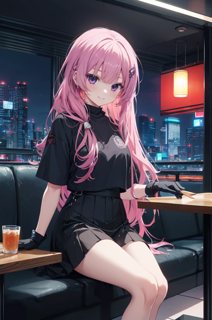 A girl,Solitary,Pink long hair,Moderate,Smile,Medium-length hair,Messy hair,Short sleeve,Short sleeve game clothes,Black skirt,Black gloves,cyberpunk Characters,night, night city background,cyberpunk, Anime style 4k, Sitting on the sofa,indoors,In the restaurant,Black Ayase Ayase、character-centered,full_shot,full_shot,