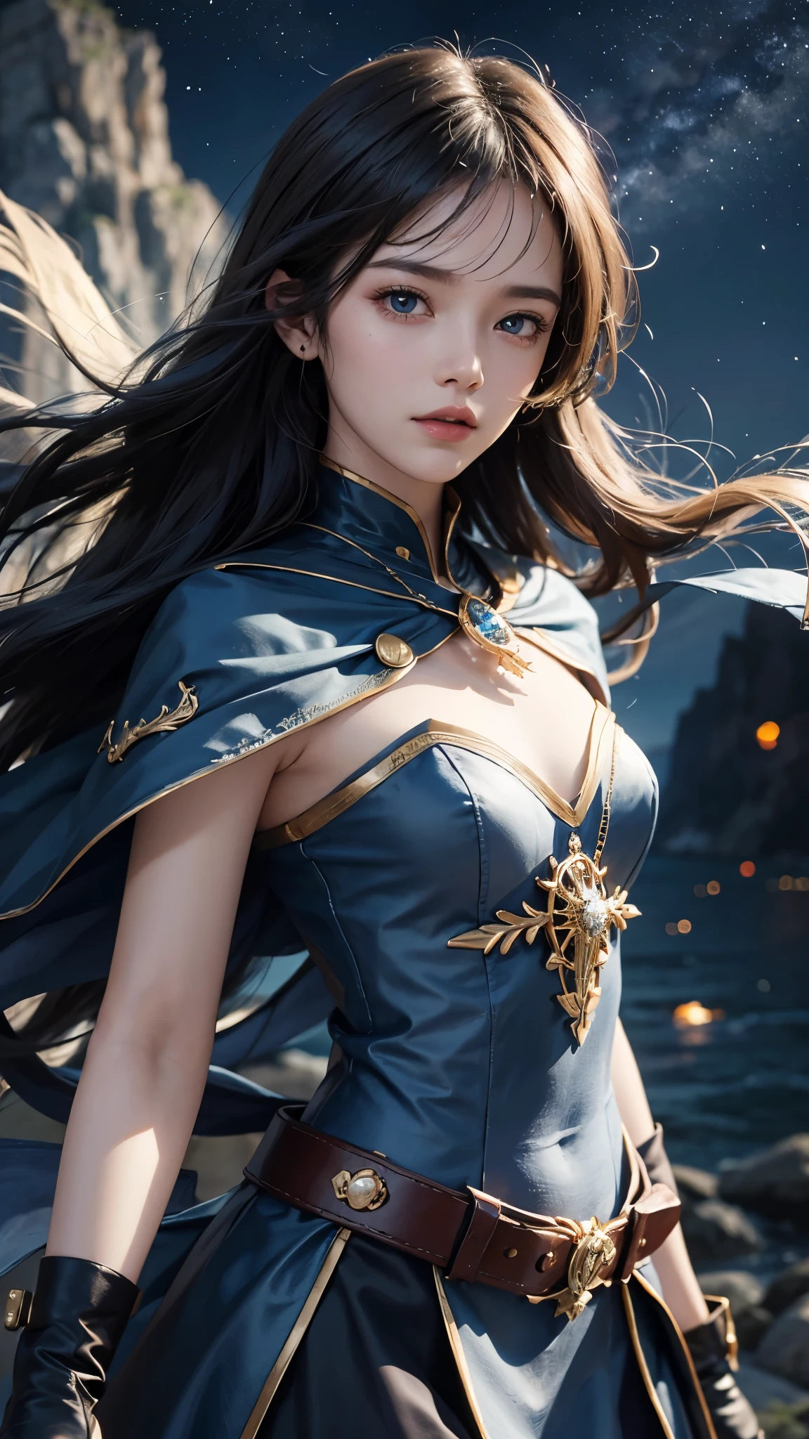 with high definition images，Young beautiful woman、Boat solo、Heroic Cape、Lonely、Highest quality、4K、HDR、Sea of stars、romantic、small、Sharp Focus、Super detailed、landscape、idealism、Large sword、dusk、High contrast、Dreamy atmosphere、Realistic、Black Hair、Piercing blue eyes、Stoic expression、Device、far away、Bokeh、Dramatically illuminated、Enchanting。