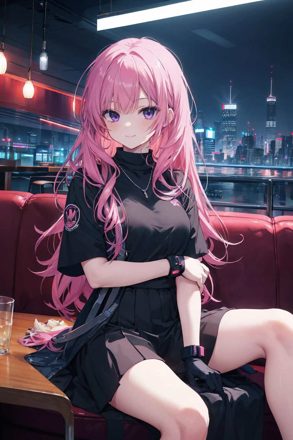 A girl,Solitary,Pink long hair,Moderate,Smile,Medium-length hair,Messy hair,Short sleeve,Short sleeve game clothes,Black skirt,Black gloves,cyberpunk Characters,night, night city background,cyberpunk, Anime style 4k, Sitting on the sofa,indoors,In the restaurant,Black Ayase Ayase、character-centered,full_shot,full_shot,