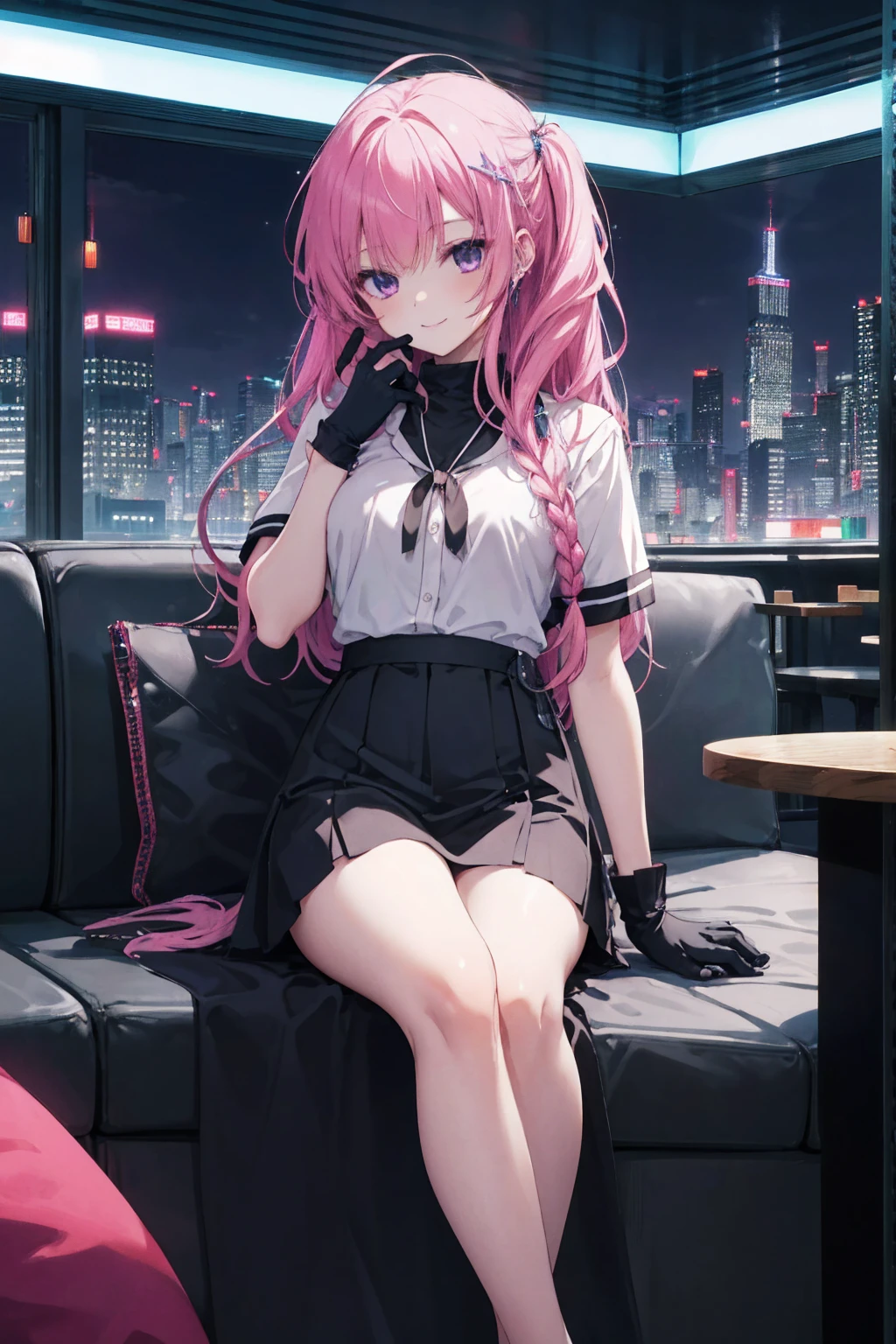 A girl，Solitary，Pink long hair，Moderate，Smile，Medium-length hair，Messy hair，Short sleeve，Short sleeve game clothes，Black skirt，Black gloves，cyberpunk Characters,night, night city background，cyberpunk, Anime style 4k, Sitting on the sofa，indoors，In the restaurant，Black Ayase Ayase、character-centered,full_shot,full_shot,