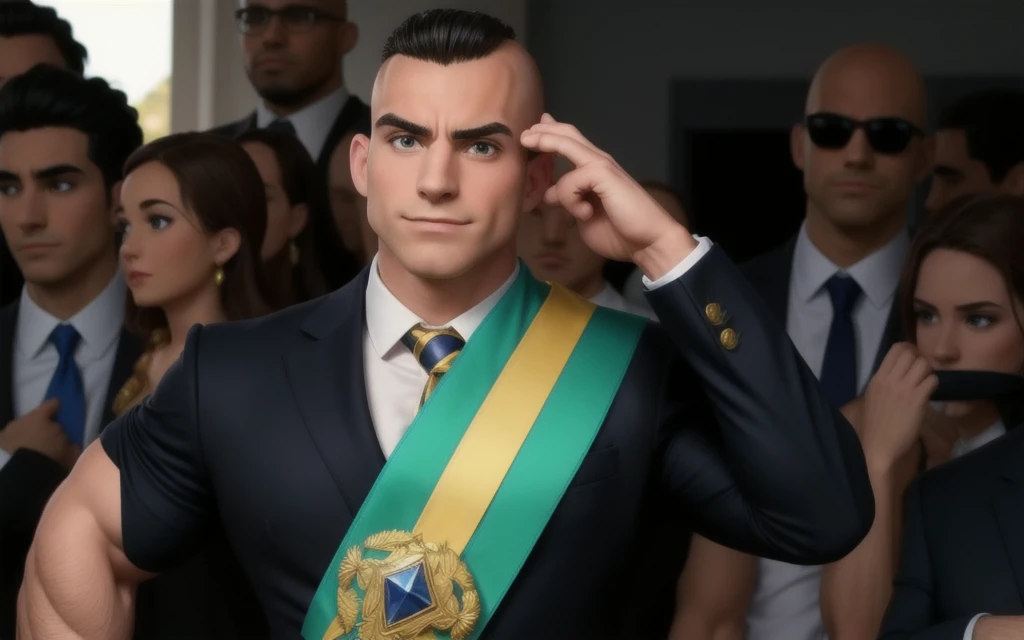 muscular man, big arm and black hair, bald in a suit with sash, doing a pose
sense.