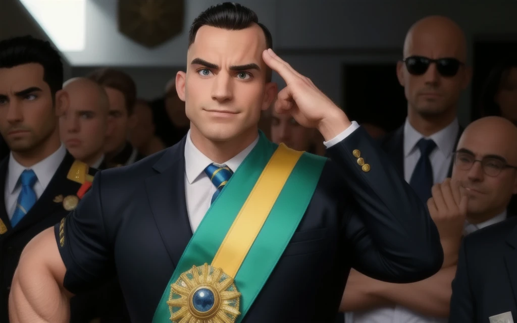 muscular man, big arm and black hair, bald in a suit with sash, doing a pose
sense.