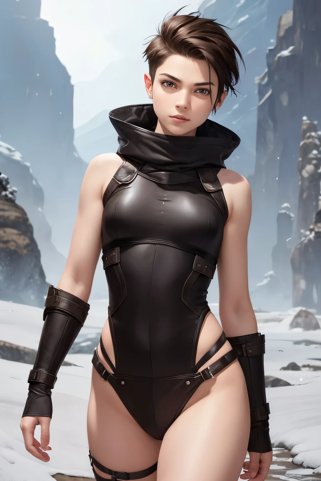 A happy young female rogue with an undercut in a fantasy setting. A rogue. Very androgynous looking. In a good mood. Sympathic. Tomboyish. Androgynous. Slim body. Very . Very small breasts. Wide hips. Thick legs. Face: Extremly pale skin with liverspots and freckles. Soft narrow face with a round chin. Soft small jaw. Big forehead. Very thin barely visible eyebrows. Upturned big dark-brown eyes. Dark-brown eyecolour. Very long and wide nose. Big curved lips. Very short dark-brown hair. A boyish short haircut. Undercut. Sides shaved. Rogue armor. Background: A untammed wilderness with forests, plains and mountains. 