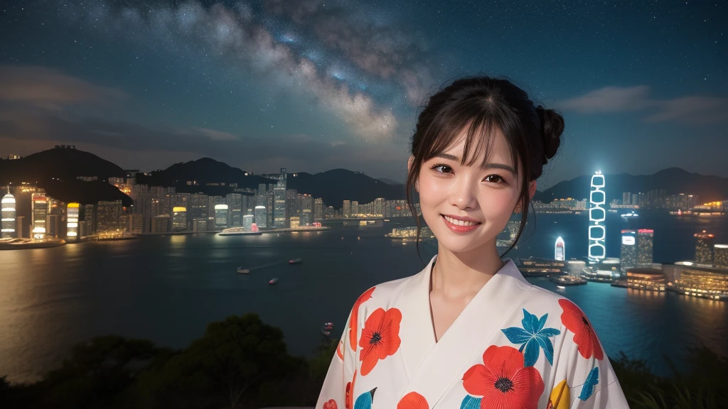 (1women), Updo hairstyle, (round eyes:1.2), (highly detailed face), (extremely detailed beautiful face), (smile happily), (floral pattern yukata), (Best Quality:1.4), (Ultra-detailed), extremely detailed CG unified 8k wallpaper, Realistic portrait, Beautiful detailed, High-definition raw color photos, professional photography, night sky, beautiful milky way, (fine face:1.2), focus on women, tanabata, (A million dollar night view like Hong Kong, The night view of the city is so beautiful:1.3), 
