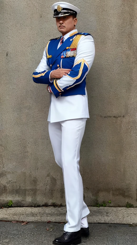 arafed man wearing white uniform standing in front of a building, officer uniform, embroidered uniform, full uniform, Wearing jodhpur suit..., white uniform, general uniform, police uniform, uniform, Full body photo, blue uniform, full portrait, 16k