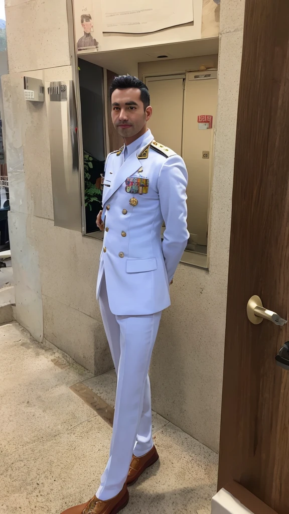 arafed man wearing white uniform standing in front of a building, officer uniform, embroidered uniform, full uniform, Wearing jodhpur suit..., white uniform, general uniform, police uniform, uniform, Full body photo, blue uniform, full portrait, 16k