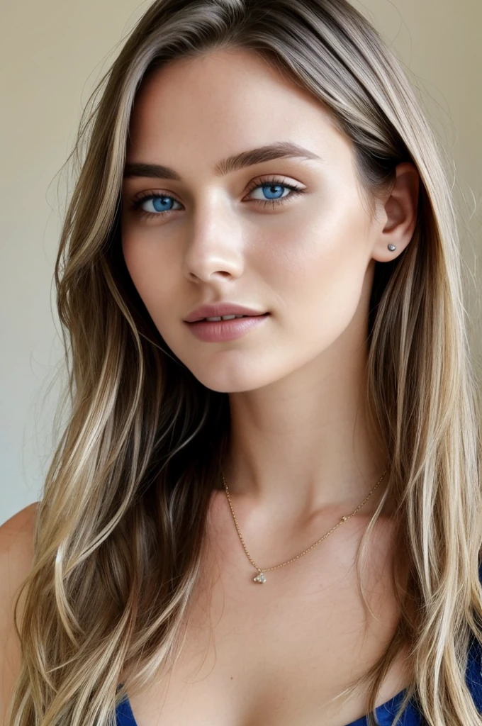 1 fille dans, 23 ans, seulement, cheveux longs, Colossal , regarder le spectateur, cheveux blond, épaules nues, yeux bleus, bijoux, Tout le corps, un collier, hors des épaules, Chandails, réaliste, Un sexy, souriant, joli visage