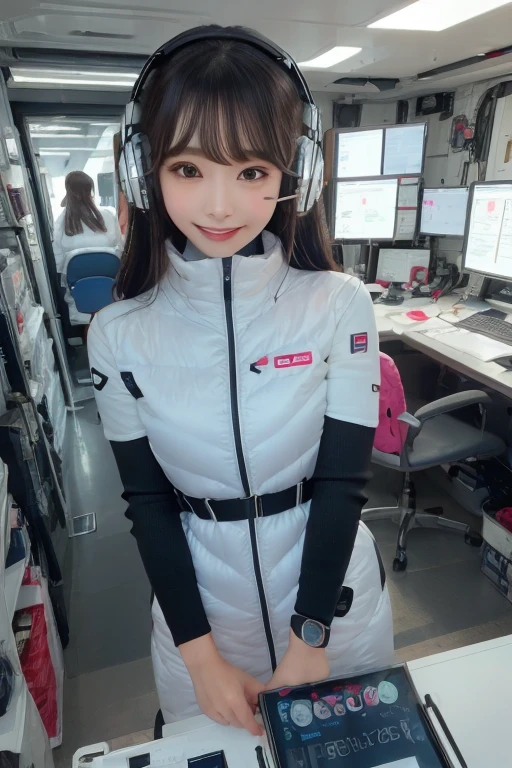masterpiece, Highest quality, Very detailed, 8K Portrait,Japanese Android Girl,plump , Control panel,Robotic arms and legs, Blunt bangs,,break (Metallic Gray, Metallic luster, Mirror finish, Astro Best):5,headphone:5,break (Black sleeves):100,Smart Watches,Futuristic space station,Control Room,break headphone,blue eyes,(Black Hair):2,(Long Hair):1.3,Displaying the viewer,(respirator),break blush:3,Hidden Hand,smile