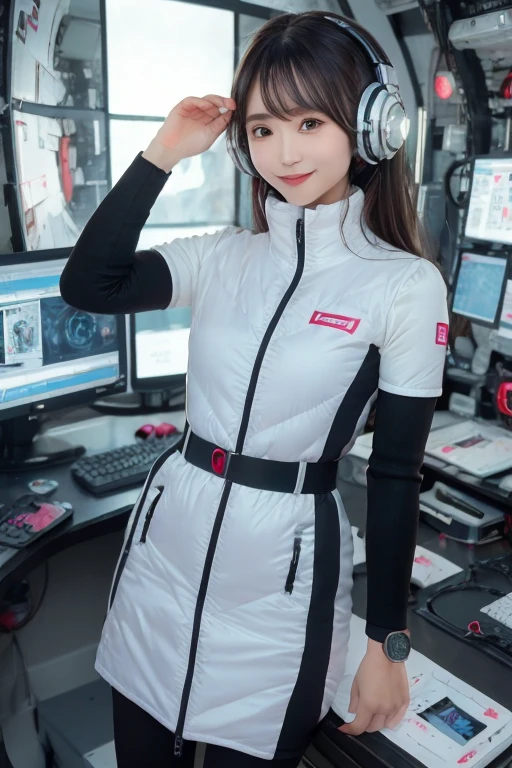 masterpiece, Highest quality, Very detailed, 8K Portrait,Japanese Android Girl,plump , Control panel,Robotic arms and legs, Blunt bangs,,break (Metallic Gray, Metallic luster, Mirror finish, Astro Best):5,headphone:5,break (Black sleeves):100,Smart Watches,Futuristic space station,Control Room,break headphone,blue eyes,(Black Hair):2,(Long Hair):1.3,Displaying the viewer,(respirator),break blush:3,Hidden Hand,smile