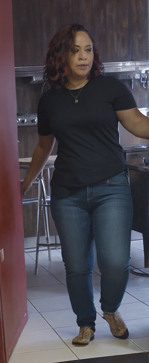 woman in black shirt and jeans standing in kitchen with a dog, middle shot waist up, uhd candid photo of dirty, distant full body shot, black extremely tight jeans, zoomed out full body, standing in a restaurant, wearing jeans, close up to a skinny, low quality video, ( ( ( wearing jeans ) ) ), full body profile camera shot